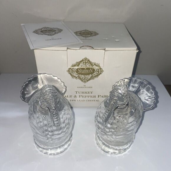 Thanksgiving Turkey Salt & Pepper Shaker Shannon Crystal 24% lead Crystal - Picture 1 of 6